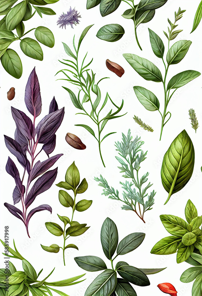 seamless pattern mixture of herbs, with rosemary and other plants and leaves, simple minimalist aesthetic style, white background, Generative ai