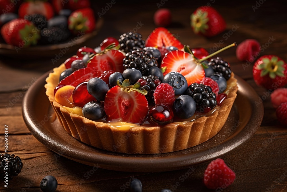a tart topped with berries and blackberries on top of a wooden table next to other fruits and berries on a plate on a wooden table. generative ai a tart topped with berries and blackberries on top of a wooden table next to other fruits and berries on a plate on a wooden table. generative ai