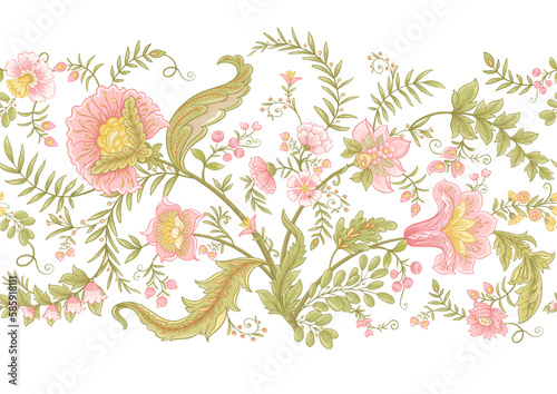 Fantasy flowers in retro, vintage, jacobean embroidery style. Seamless pattern, background. Vector illustration.