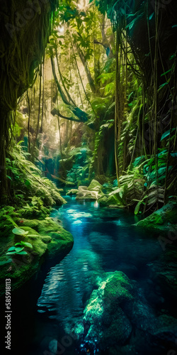 Secret river with bright blue water in a tropical rainforest - portrait wallpaper - generative AI