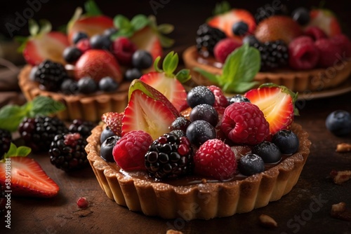  a close up of a pie with fruit on it and other fruit on the side of the pie and on the table next to it.  generative ai