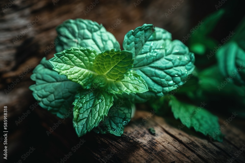 a close up of a green leafy plant on a wooden surface with a dark background and a wood grained surface with a wooden surface. generative ai a close up of a green leafy plant on a wooden surface with a dark background and a wood grained surface with a wooden surface. generative ai