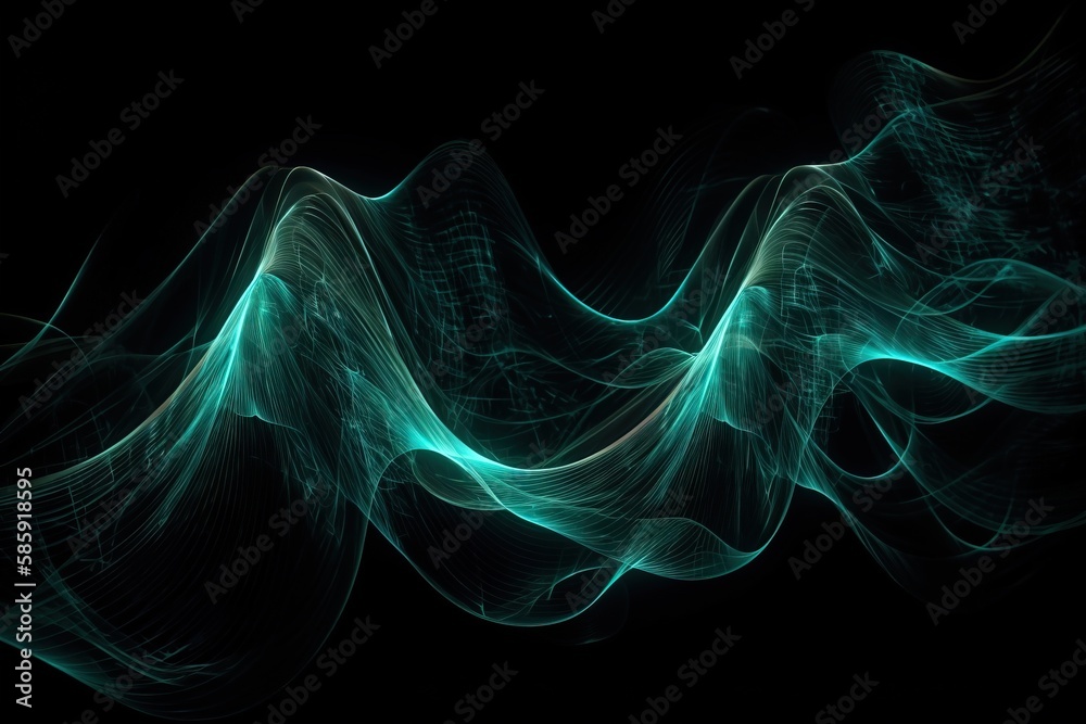  a computer generated image of a wave on a black background with a green glow in the middle of the wave is a dark background with a black backdrop.  generative ai