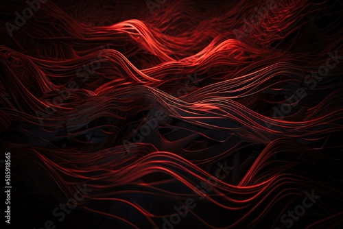  a red and black abstract background with wavy lines and a red light at the top of the image and the bottom half of the image. generative ai