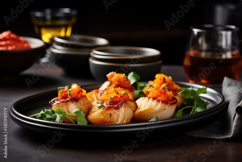  a plate of scallops on a table with a glass of wine and a bowl of sauce in the background on a table top. generative ai