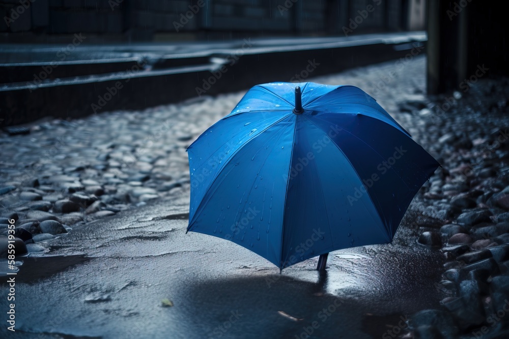  a blue umbrella sitting on the ground next to a train track in the rain, with a person walking away from the camera in the background.  generative ai