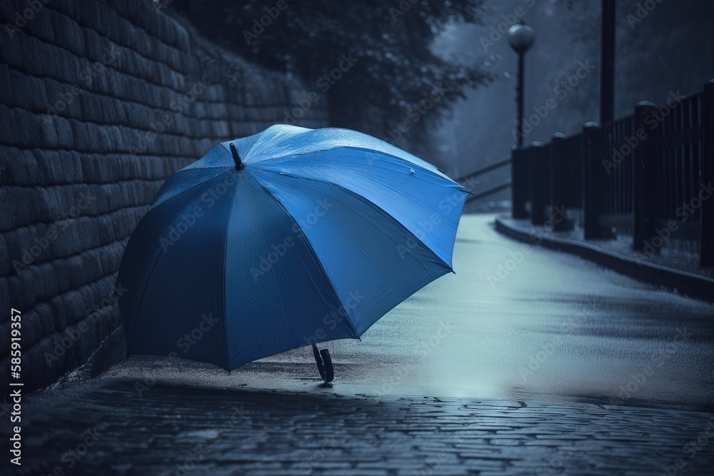 a person holding a blue umbrella on a rainy night in the rain on a
