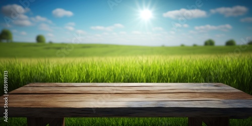A Serene Retreat  Empty Wood Table Against a Calming Grass Background  GENERATIVE AI