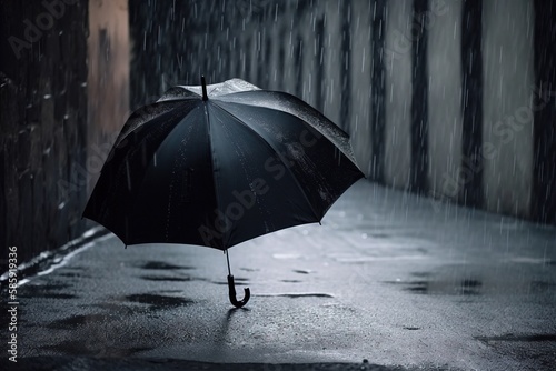  a person walking in the rain with an umbrella in their hand and the rain is falling down on the ground and the umbrella is open.  generative ai