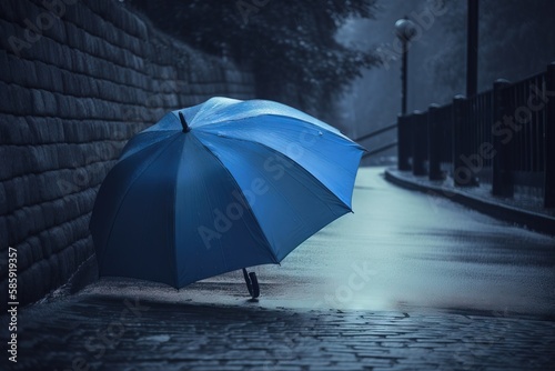  a person holding a blue umbrella on a rainy night in the rain on a cobblestone street in front of a brick wall and fence.  generative ai