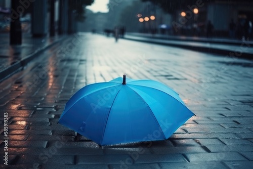  a blue umbrella sitting on the side of a road in the rain on a rainy day with people walking by on the sidewalk in the background.  generative ai