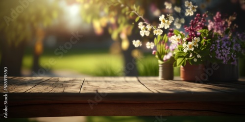 Picture-Perfect: Empty Wood Table for Displaying Your Products in Flower-filled Background, GENERATIVE AI