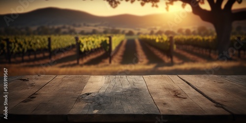 Farm-to-Table: Empty Wooden Table on a Serene Agricultural Background, GENERATIVE AI