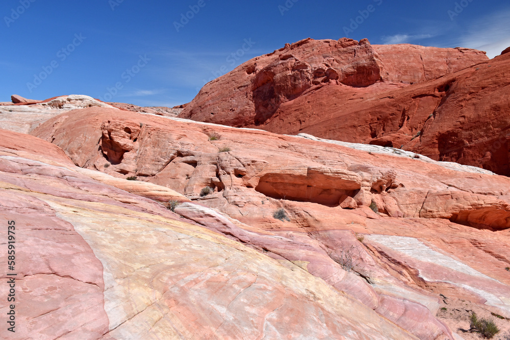Amazing colors and massive formations around the Fire Wave rock in Valley of Fire State Park, Nevada, USA. Pink and red pastel colors of the sandstone and blue sky in the background