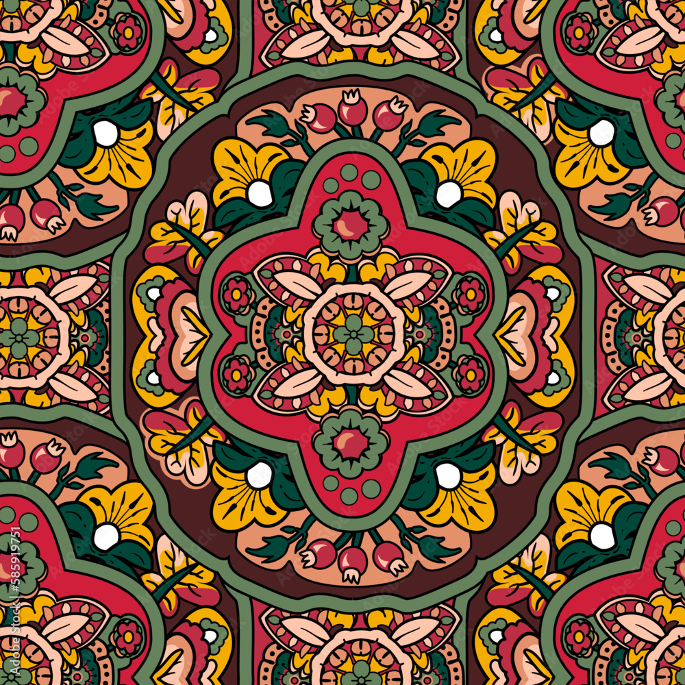 Turkish floral seamless pattern. Paisley folck vector background using mandala. Fantasy decorative repeating tiles with tropical flowers and leaves. Festivale style.