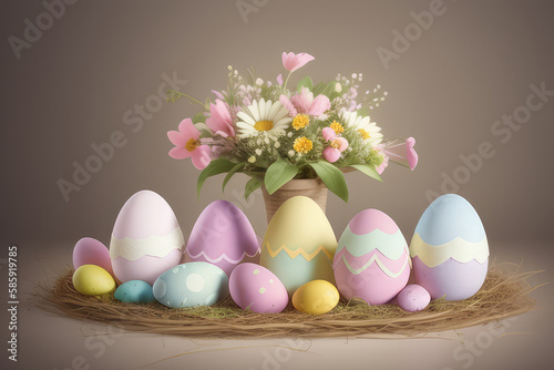 Easter eggs and flowers on a brown background.