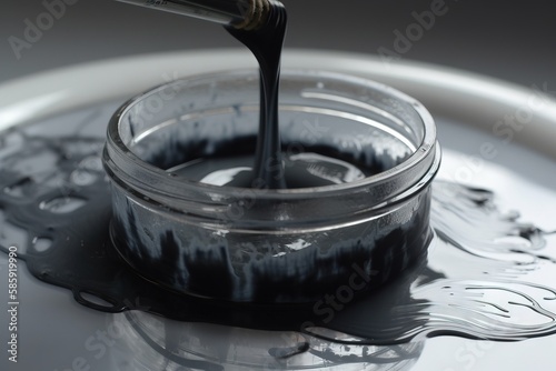  a glass jar with a black substance in it and a spoon sticking out of the top of the jar with a black substance in it.  generative ai