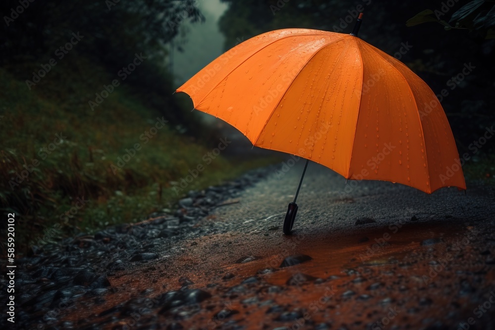  an orange umbrella sitting on the side of a dirt road in the rain on a rainy day in the woods with grass and trees in the background.  generative ai