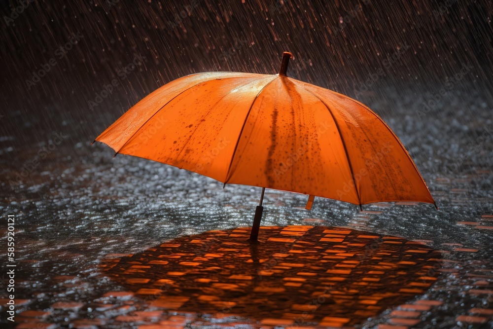  an orange umbrella sitting on top of a puddle of water in the rain, with the sun shining on the ground and the umbrella in the air.  generative ai