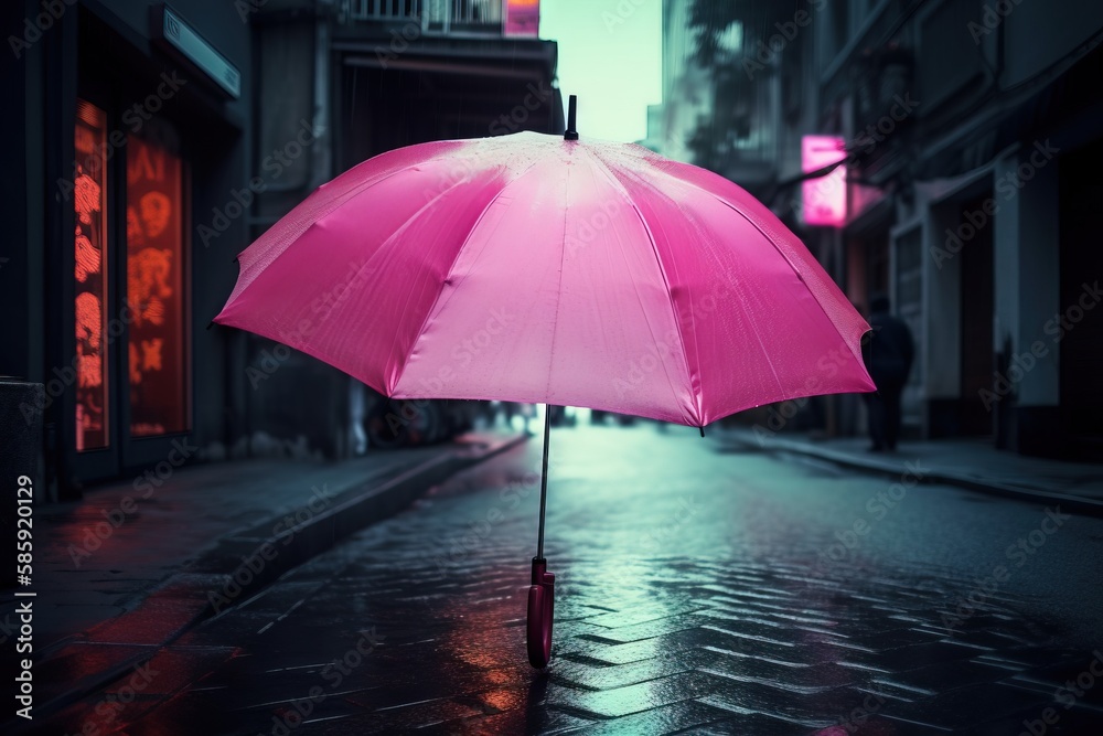  a person walking down a street holding a pink umbrella in the rain at night with a neon light on the side of the street behind them.  generative ai