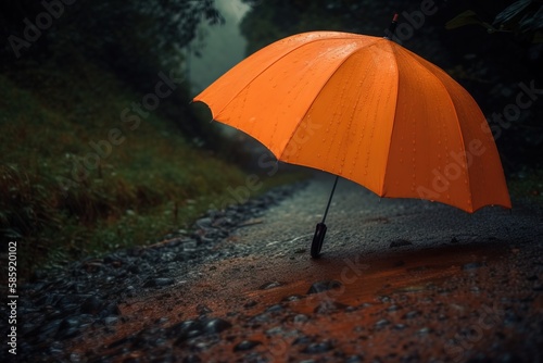  an orange umbrella sitting on the side of a dirt road in the rain on a rainy day in the woods with grass and trees in the background. generative ai