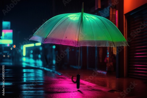  a person walking down a street holding an umbrella in the rain with neon lights on it and a building in the background at night time.  generative ai