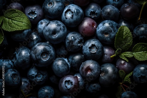  a pile of blueberries with green leaves on top of them and a black background with a few blueberries on top of it, and one of the other blueberries with green leaves on top. generative ai