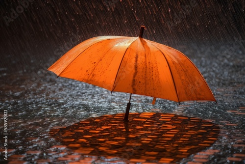  an orange umbrella sitting on top of a puddle of water in the rain, with the sun shining on the ground and the umbrella in the air. generative ai