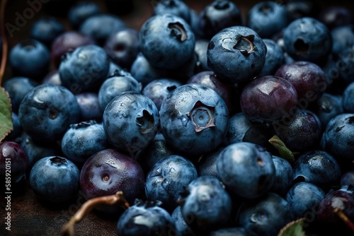  a pile of blueberries sitting on top of a wooden table next to a leafy green leafy plant on top of a table. generative ai