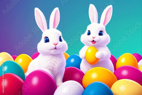 cute easter bunny surrounded by colorful easter eggs, with flowers in the background, garden