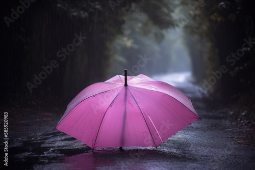  a person holding a pink umbrella on a rainy day in the rain in the woods with a road and trees in the background and a dark foggy sky.  generative ai