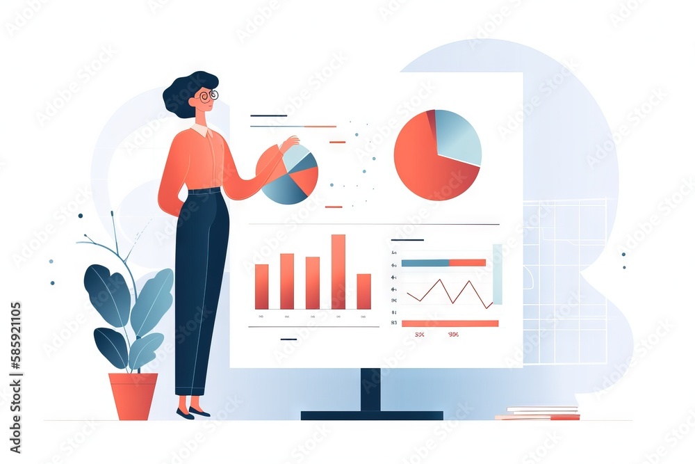  a woman standing in front of a whiteboard with a pie chart and a plant in front of it and a plant in the background.  generative ai
