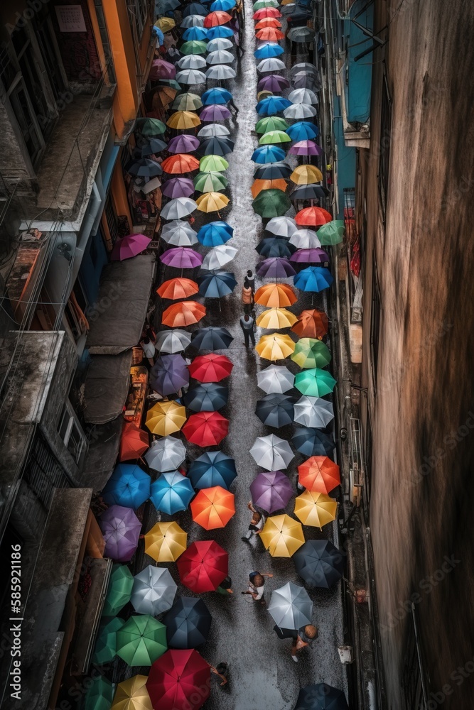 a group of people walking down a street with umbrellas on the ground in a row on the street, with a building in the background. generative ai a group of people walking down a street with umbrellas on the ground in a row on the street, with a building in the background. generative ai