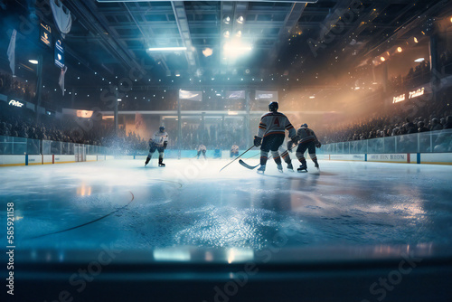 A dynamic ice hockey rink with players locked in a fierce battle, with ice shards and cool mist spraying in the air