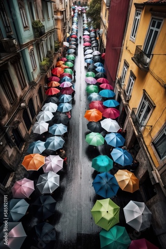 a group of people holding umbrellas in the middle of a street with buildings in the background and a long line of people holding umbrellas in the middle of the street. generative ai