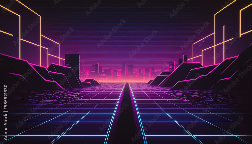 Retro cyberpunk style background. Sci-Fi background. Neon light grid