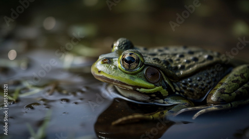  A green frog in a serene pond Generative AI
