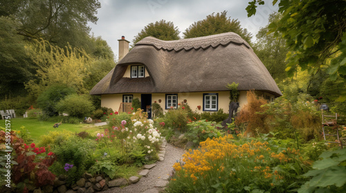 A charming cottage with a thatched roof and a flower Generative AI