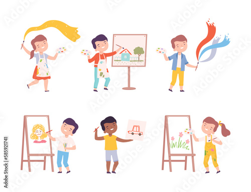 Kids Painting on Canvas and Paper with Drawing Easel Vector Set