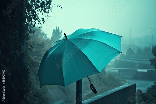  a person holding an umbrella on a rainy day in the rain outside of a house in the rain  with trees and a road in the background.  generative ai