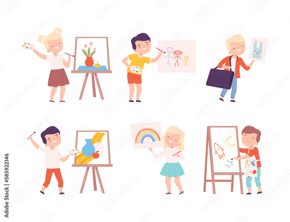 Kids Painting on Canvas and Paper with Drawing Easel Vector Set