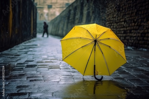  a yellow umbrella sitting on the side of a wet street next to a man walking down a street next to a brick wall and a stone wall.  generative ai