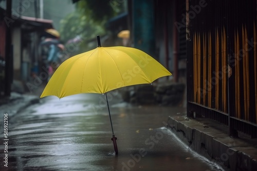  a person holding an umbrella on a rainy day in the rain in a city with buildings and people walking on the street in the rain.  generative ai