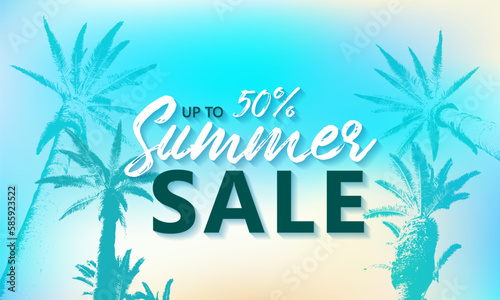 Palm trees background and Summer Sale up to 50 % off special offer text. Green and blue discount label, marketing banner, tropical forest or jungle palm trees.
