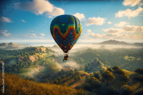 A colorful hot air balloon ride over green valleys and blue skies