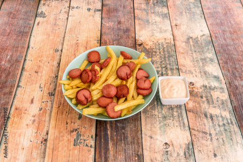 Salchipapa is a fast food consisting of fried slices of sausage and French fries, popular in Latin America
