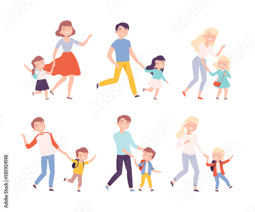 Parents Accompanying Their Children to School or Kindergarten Vector Set