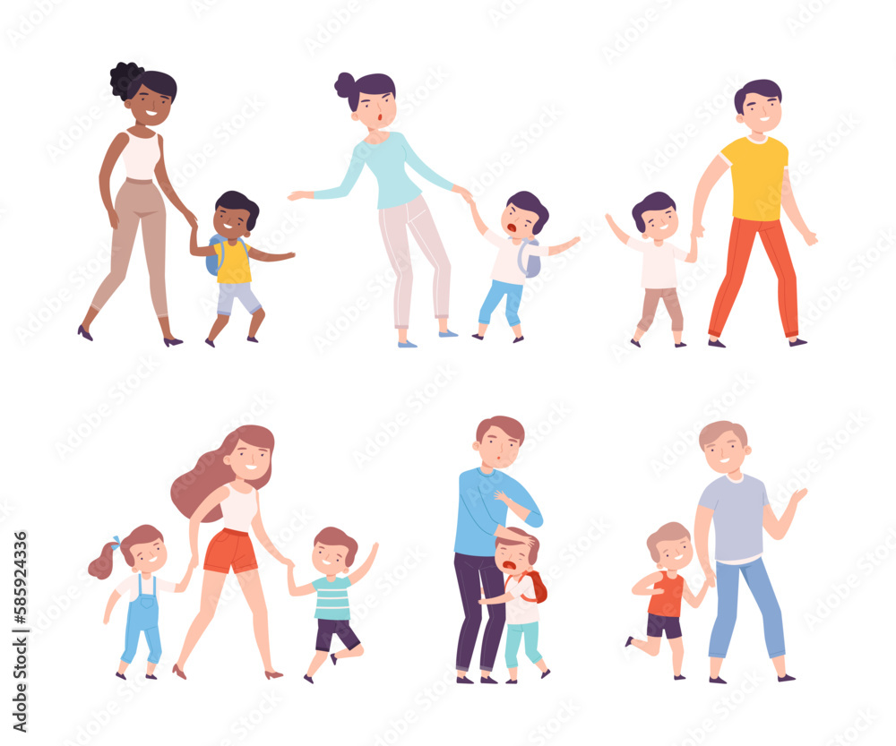 Parents Accompanying Their Children to School or Kindergarten Vector Set Parents Accompanying Their Children to School or Kindergarten Vector Set