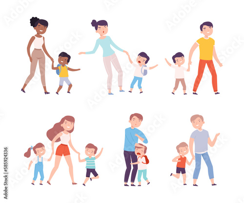 Parents Accompanying Their Children to School or Kindergarten Vector Set
