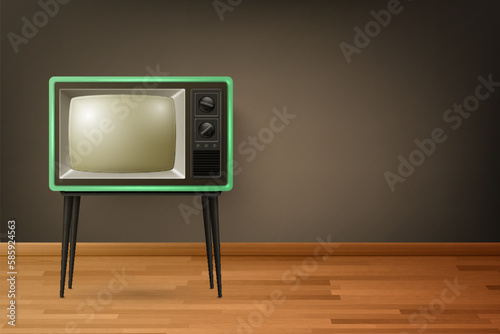 Vector 3d Realistic Retro TV Receiver on Wooden Floor. Home Interior Design Concept. Vintage TV Set, Television, Front View